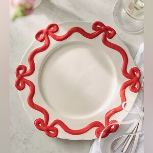 Anthropologie Benedita Bow Stoneware Dinner Plates | Set of 4 | Red | NIB
